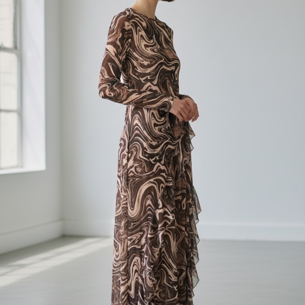 Chic Swirl Pattern Long Sleeve Dress